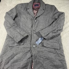 Tommy Hilfiger Coat Mens XL Gray Wool Herringbone Long Overcoat Lined Insulated