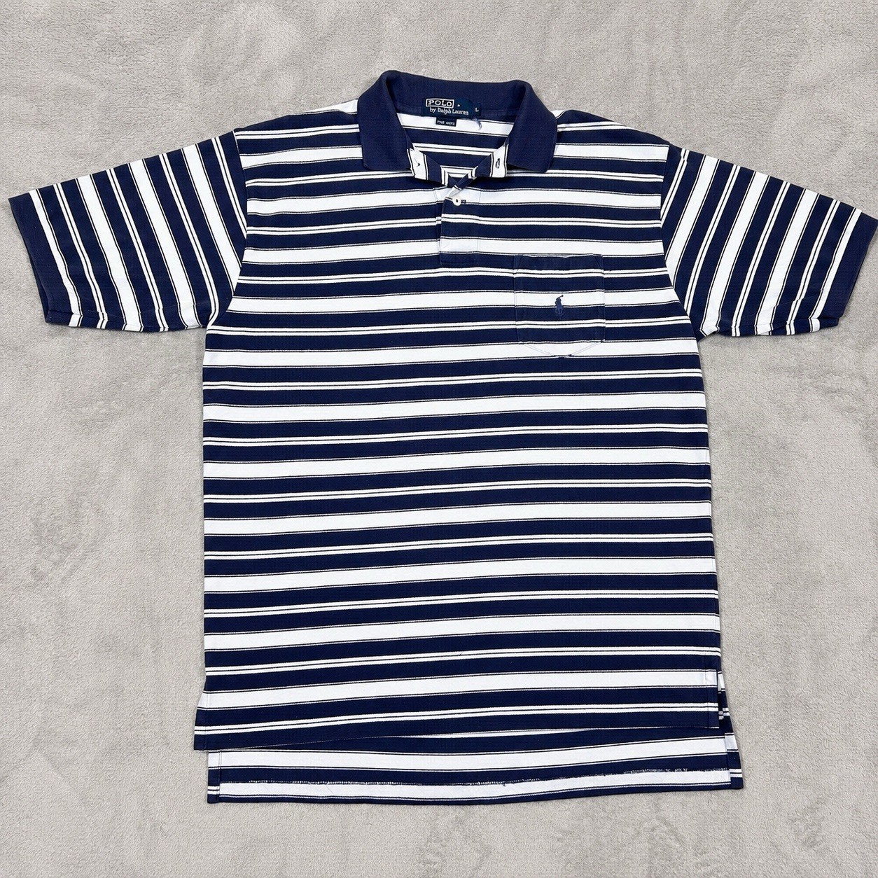 Vintage Polo Ralph Lauren Polo Shirt Mens L Navy White Striped Pocket Cotton