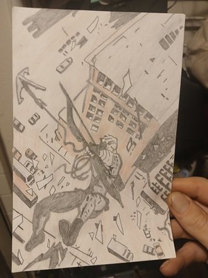 Hawkeye Marvel Shooting Arrow Falling Out Building Drawing
