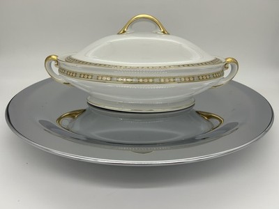 Antique Granville By Tirschenreuth Oval Covered Vegetable Bowl 12 1/2  Gold Trim