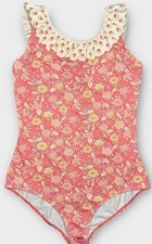 Mini Boden Girl  s Floral Pink Ruffled Neckline Wide Straps Frilly Swimsuit 13Y