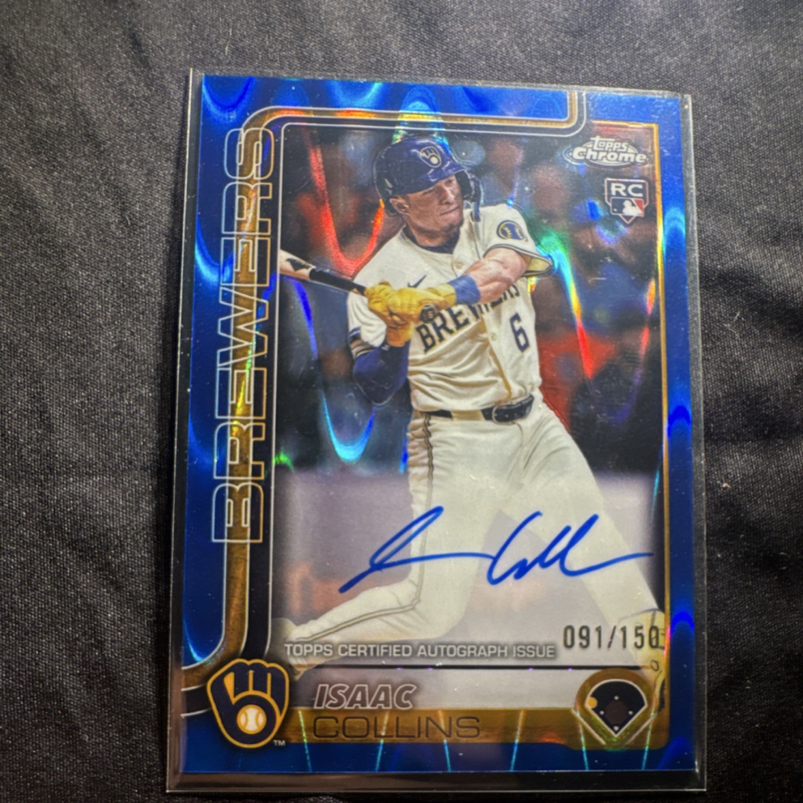 Topps 2025 Chrome Blue RayWave Isaac Collins Auto Rookie /150 Brewers RA-IC
