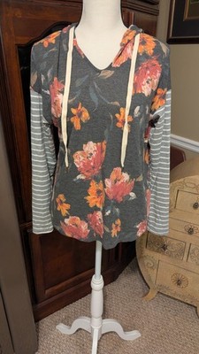 NEW WHITE BIRCH LONG SLEEVE HOODED SHIRT SMALL STRIPES/FLORAL