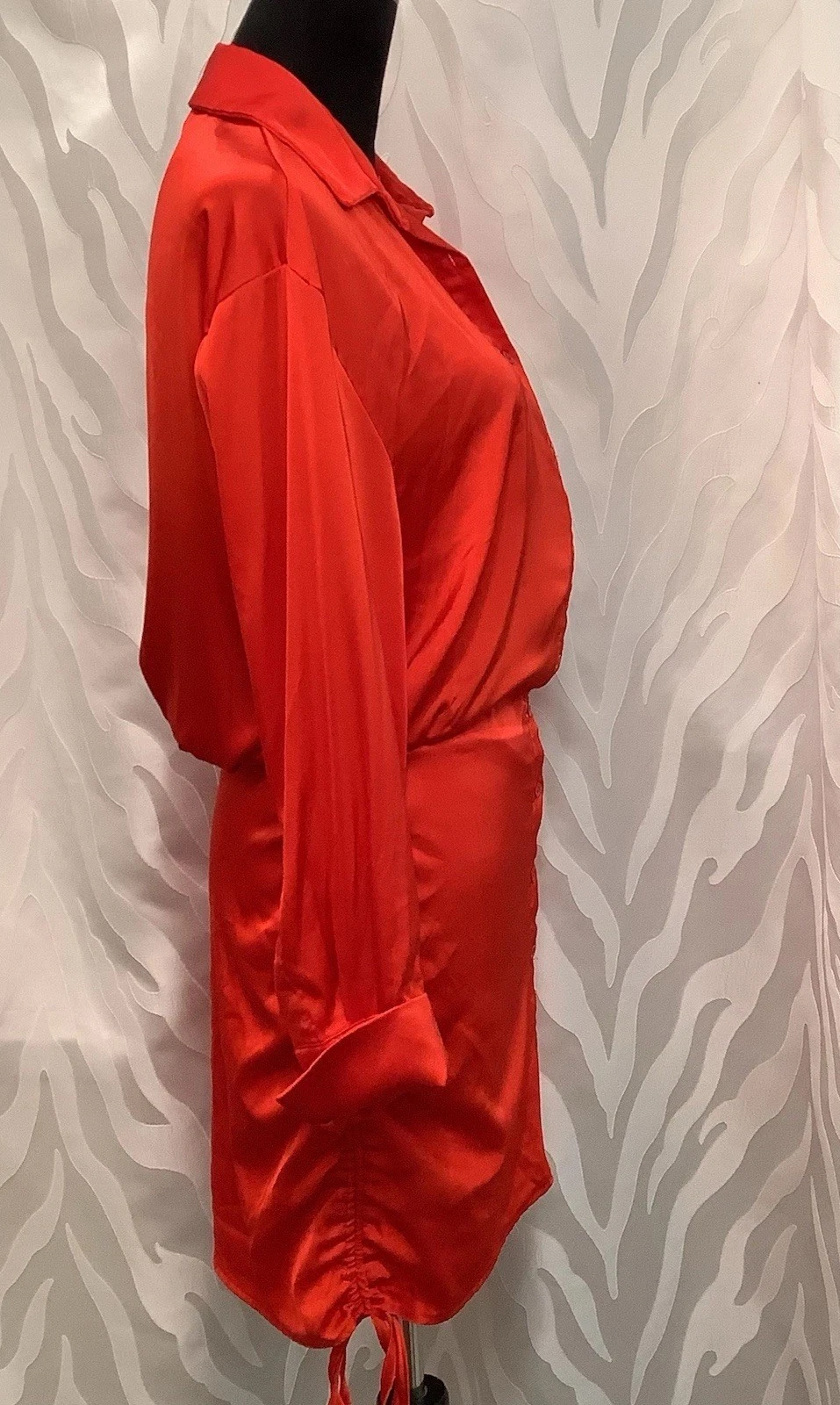 VALENTINO MABLE Abito Camicia Rosso Raso Bottoni Manica Lunga Increspato Lato Regolabile S