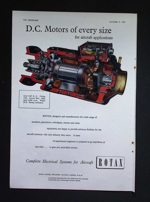 Original 1953 Reklame ROTAX D.C. Motors Flugzeug Elektrik