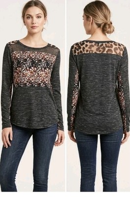 Miss Me Women's Top Size XS Gray Floral Leopard Shirt Sequin Long Sleeve