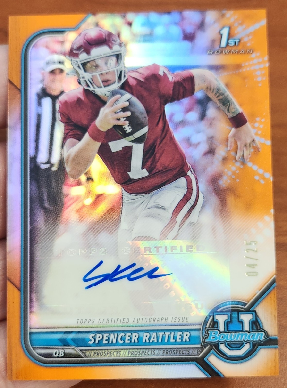 SPENCER RATTLER 2021-22 BOWMAN UNIVERSITY 1ST CHROME RC ORANGE REFRACTO AUTO /25