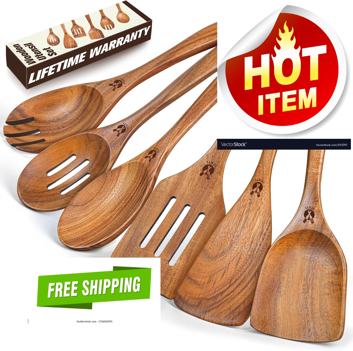 Wooden Spoons for Cooking, 6 Pcs Natural Teak Wooden Kitchen Utensils Set, Cooki