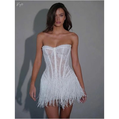White Lace Tassel Mini Wedding Dress Strapless Sheath Lace-up After Party Gown