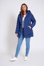 Women's Tokyo Laundry Blue 3/4 Length Puffer Jacket Hooded Winter Coat Size 10