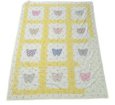 VTG Hand Made Butterfly Tie Blanket Quilt Color Block Pastel Yellow 75X92
