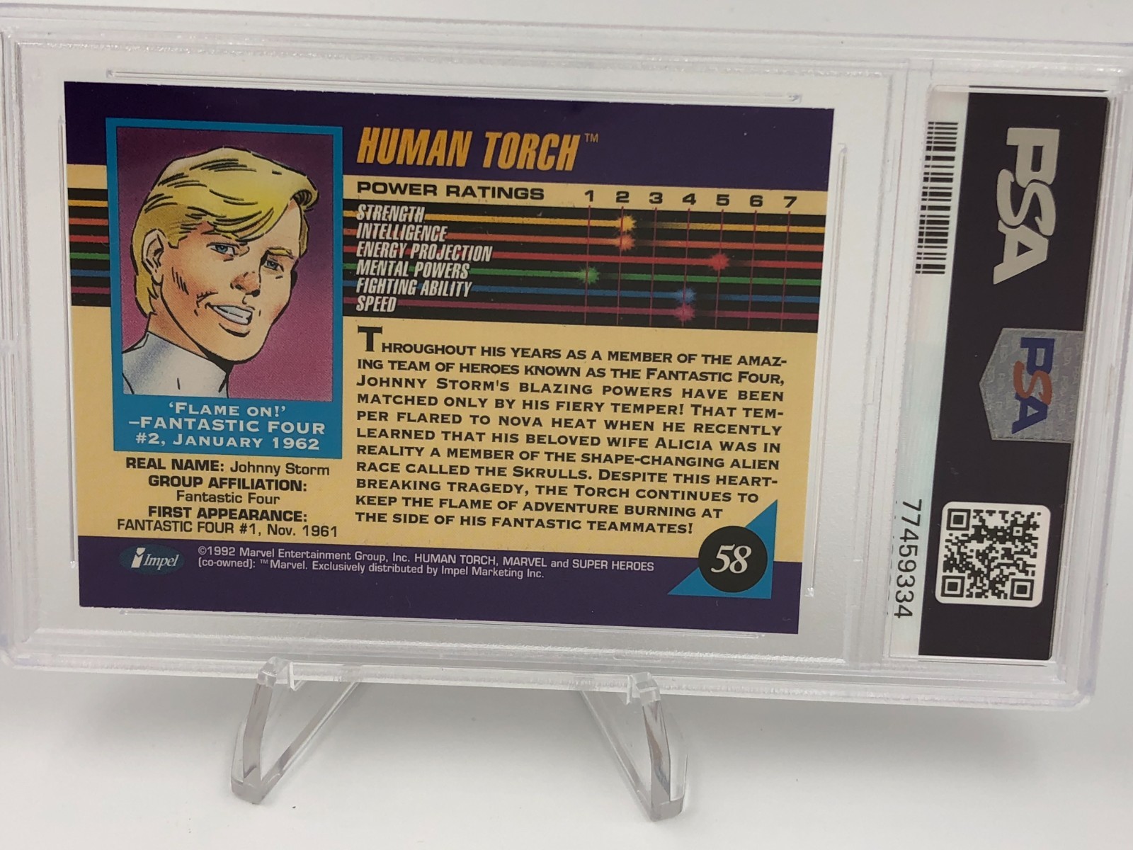 1992 MARVEL UNIVERSE trading card HUMAN TORCH #58 MARVEL MCU graded PSA MINT 9 view 9
