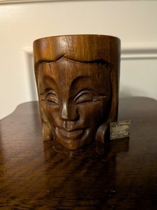 Vintage Handcarved Wooden Souvenir Face Mug Made In The Philippines 4"