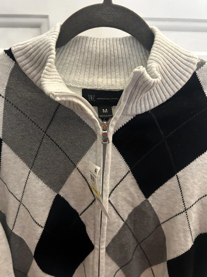 Suéter Inc International Concepts Argyle Para Hombre’s Med Cremallera Completa 100% Algodón Gris Foto 3 de 4