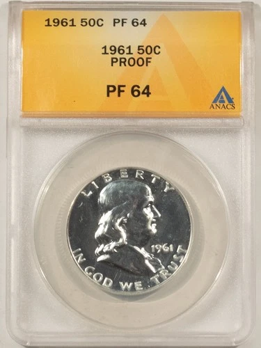 1961 PROOF FRANKLIN HALF DOLLAR - ANACS PF-64, WHITE!