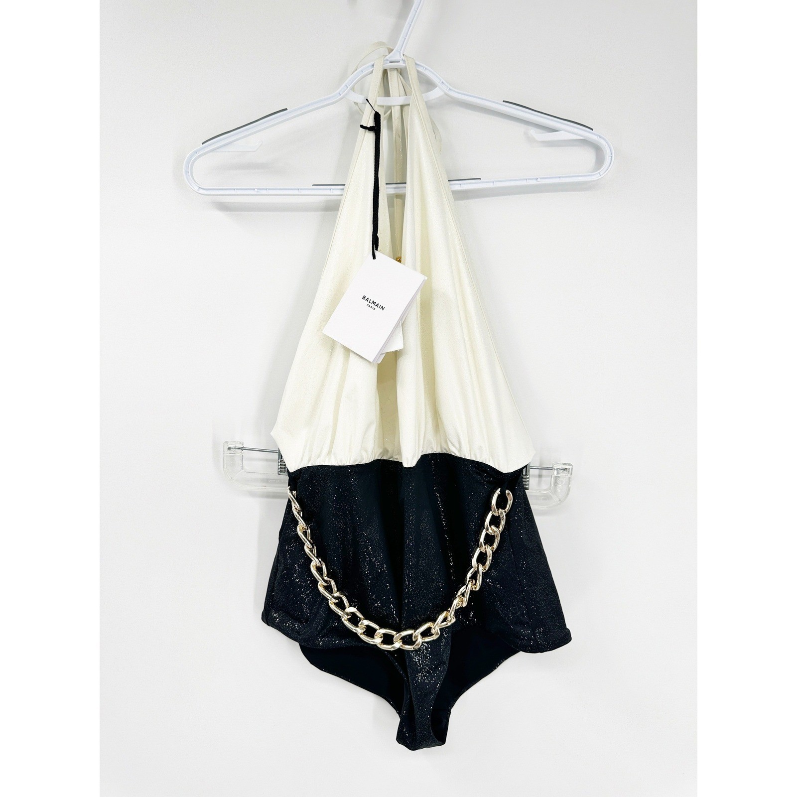 Balmain Draped Swimsuit 38 Black White Gold Chain Halter One Piece image 2