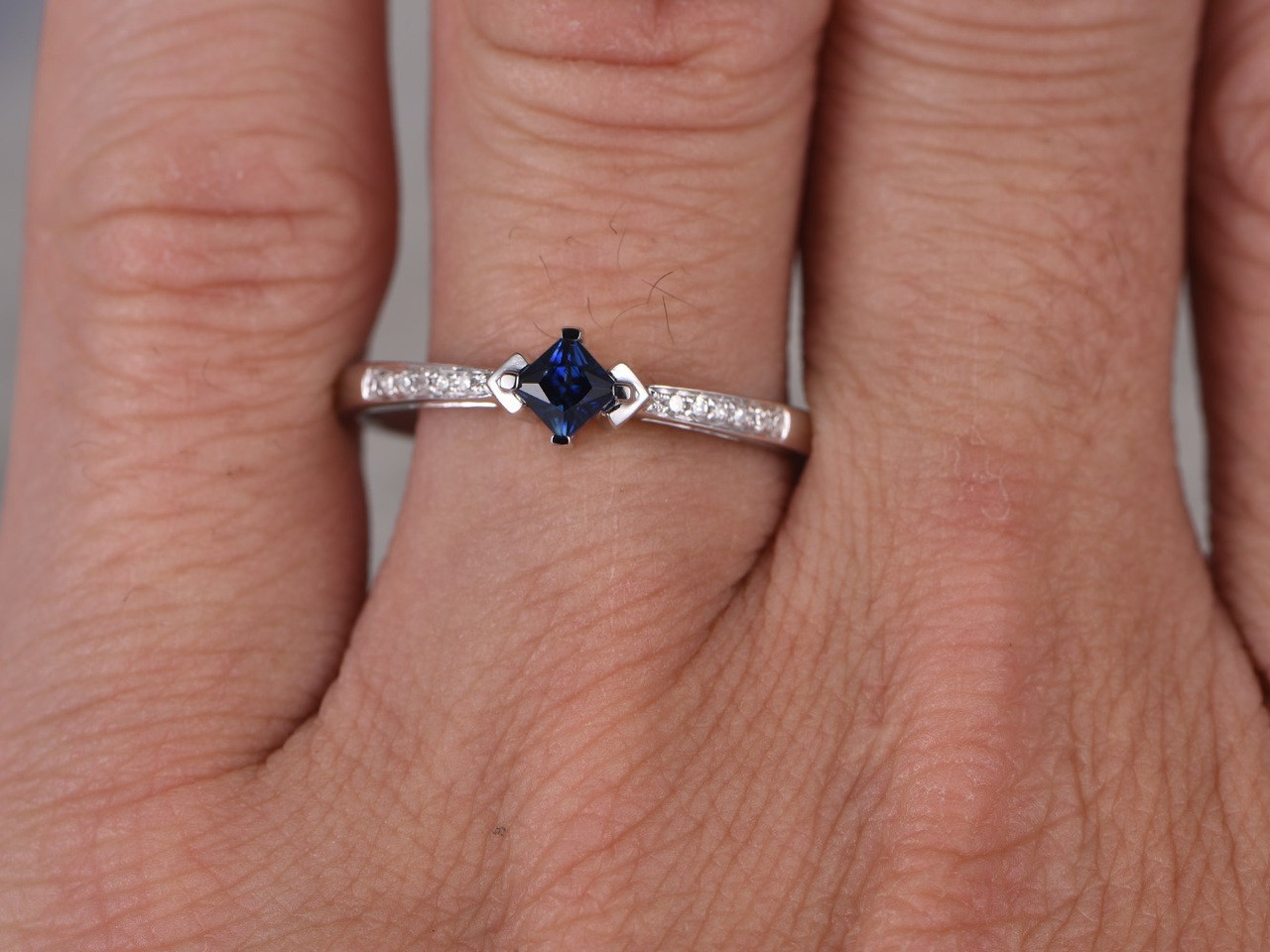 0.60Ct Princess Natural Sapphire Diamond Wedding Ring 14K Real White Gold Size 7