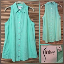 Finley Made in USA 100% Linen Sleeveless Button Up Green Blouse Shirt M