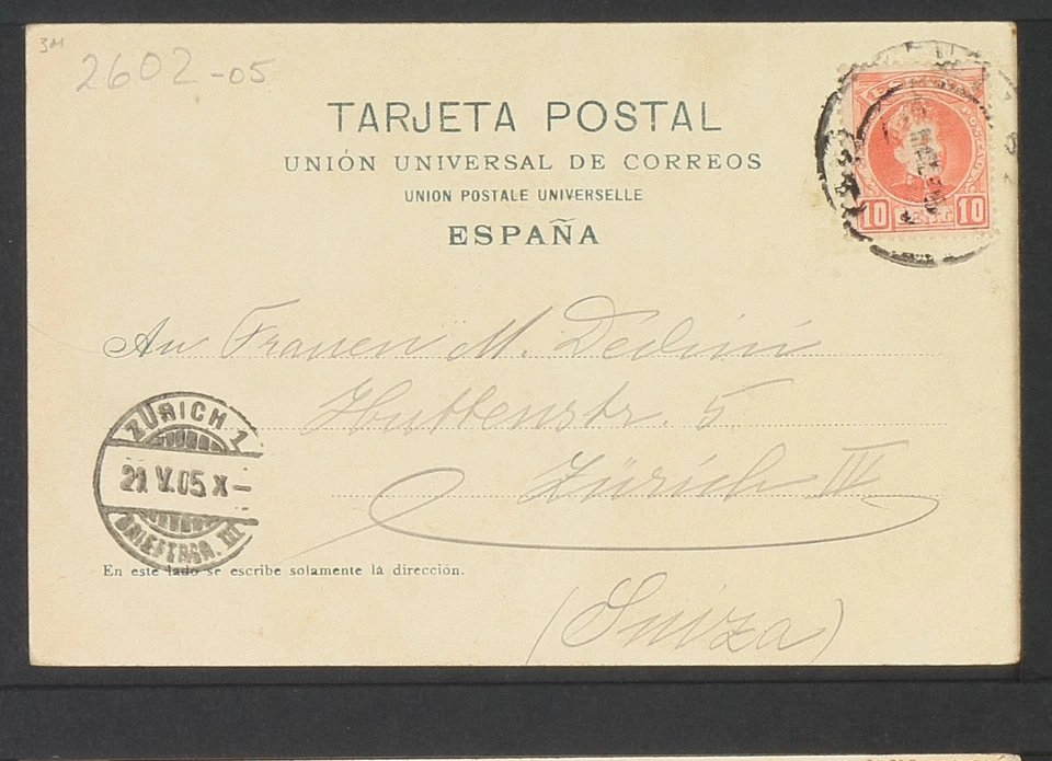 2602.-SANTANDER -Plaza de Velarde (1905) (enviada a Zúrich)(Postal Sin División) - Imagen 2 de 2