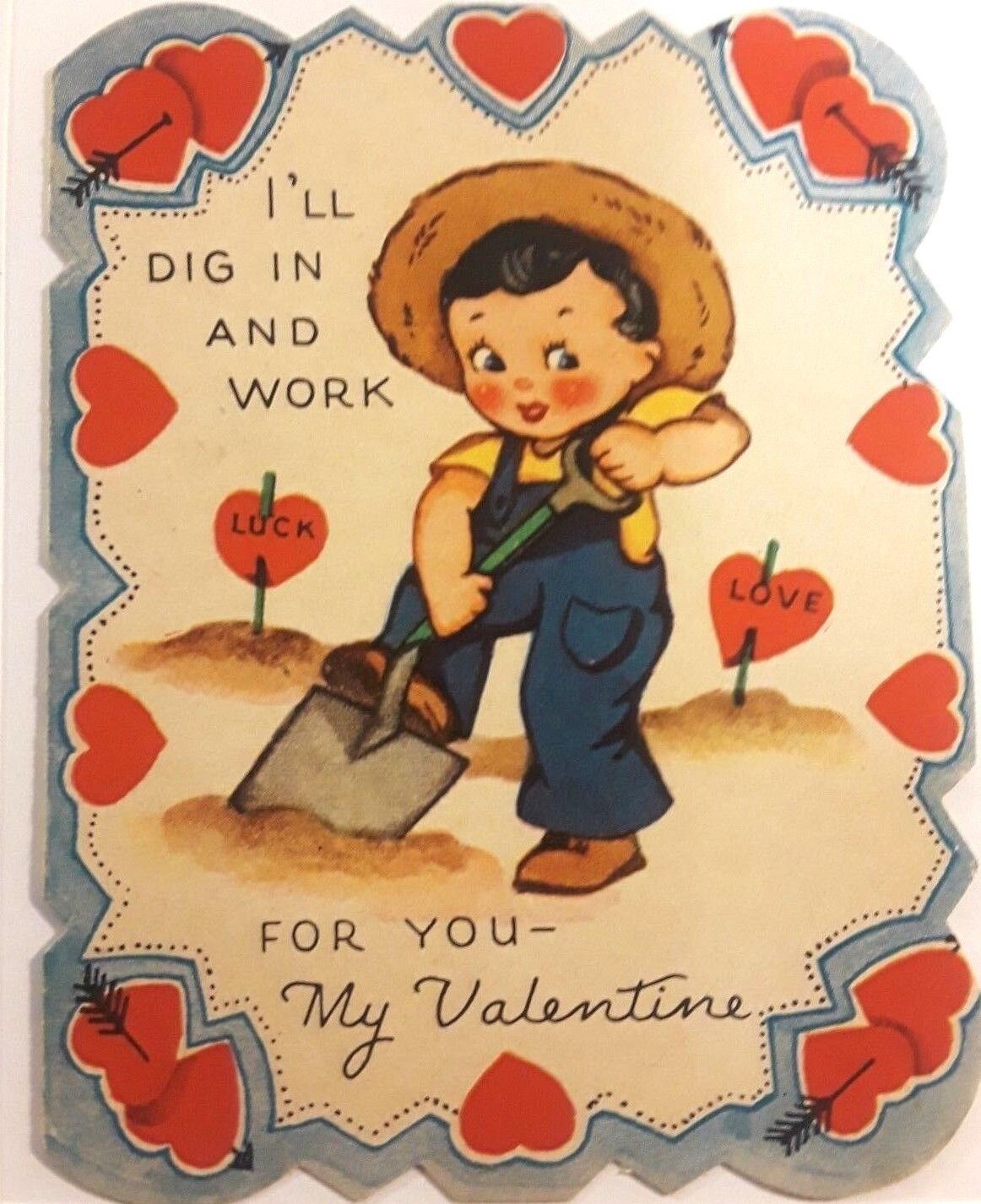 Vintage Valentine's Day Card - Cute Boy Digging in Garden Love
