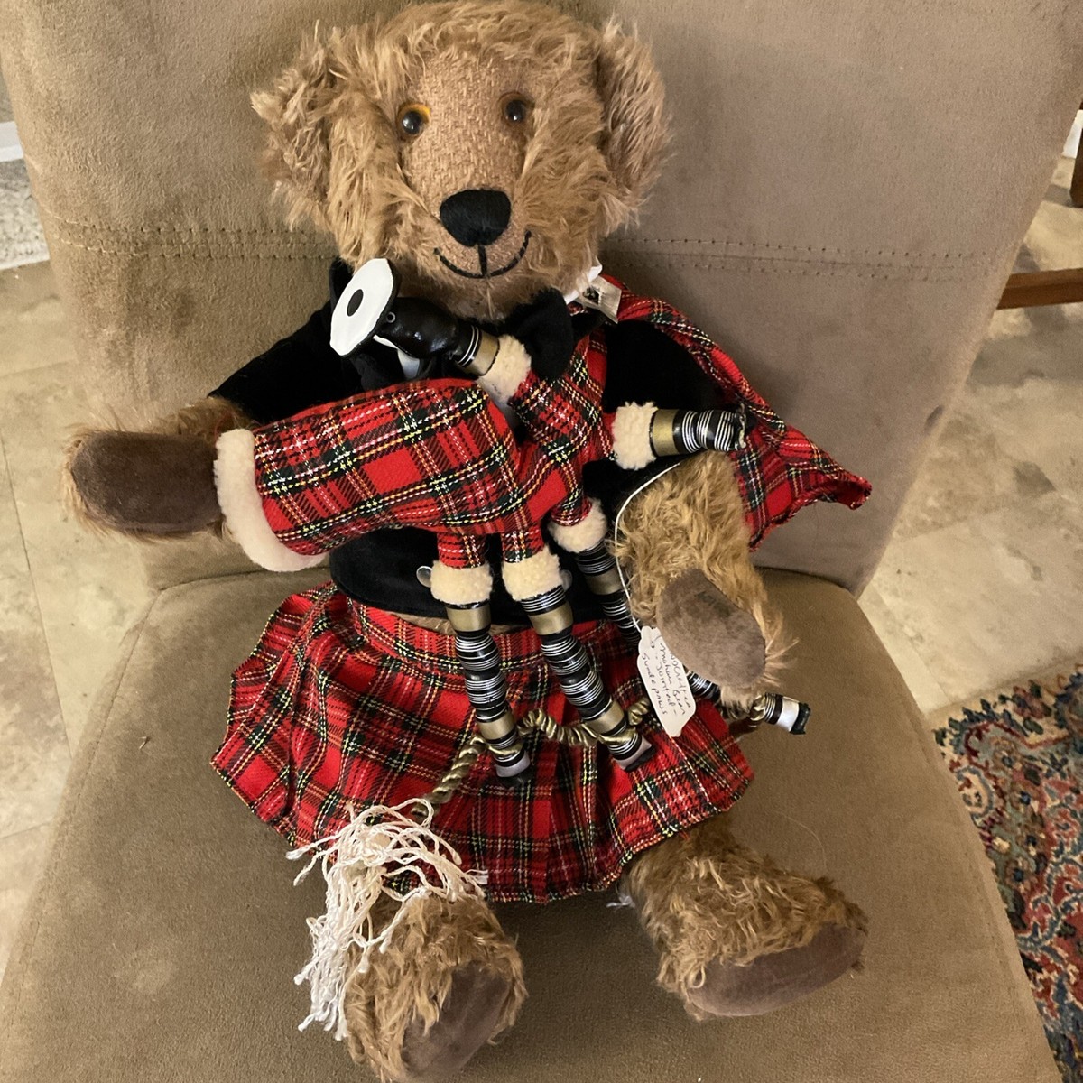 Vintage Artist Plush Signed Brown Mohair Teddy Bear Wearing Kilt