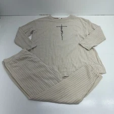 Beige Ribbed Knit "Faith" Graphic Print Short Sleeve Lounge Set Women's Size 2X