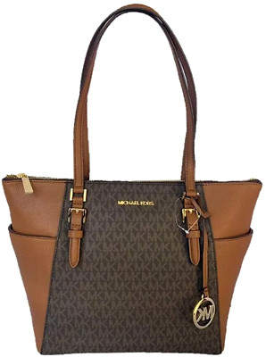 MICHAEL KORS CHARLOTTE LARGE ZIP LEATHER SHOULDER TOTE HANDBAG BROWN NEW NWT 