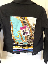 Marina St Barths Black Frayed Denim Jacket Silk Back Palm Beach Leopard $345