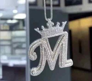 Authentic Pendant 2.00 Ct Round Cut Moissanite 4K White Gold Plated Silver M Crown Letter
