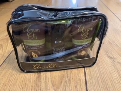 Brandneu in Verpackung Arganöl Reise-Geschenkset. Shampoo, Conditioner, Haarkur, Tücher. NEU