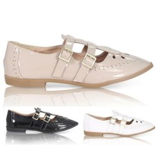 Womens Ladies Cut Out Geek T-Bar Girls Office School Flat Pumps Shoes Size 3-8