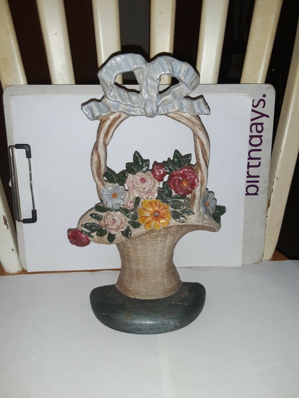 Antique Vintage Hubley Cast Iron Doorstop Flower Basket mark Hubley 