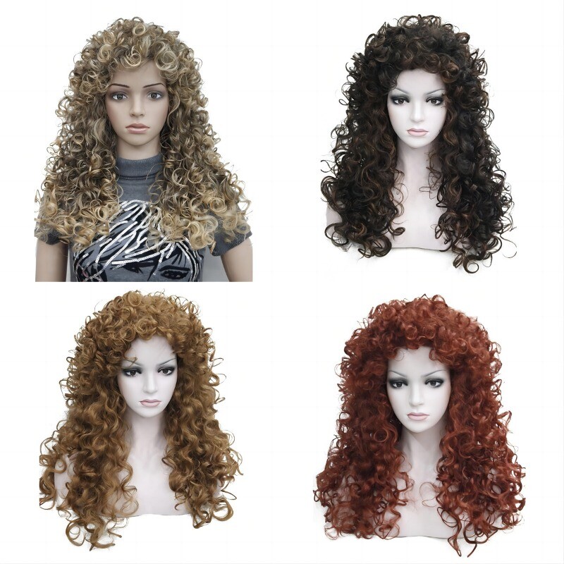 Women Wig Long Ladies Curly Hair Wig Golden Brown Wig+Wig Cap