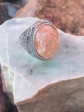 Oregon Sunstone Ring with Intricate Dragon Motif in Sterling Silver