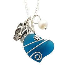 Hawaiian lifestyle "flip flop" charm, Wire wrapped Teal Blue sea glass