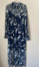 Asos Womens Floral Print Midi Long Sleeve Smocked Dress Birds Size 16 Blue