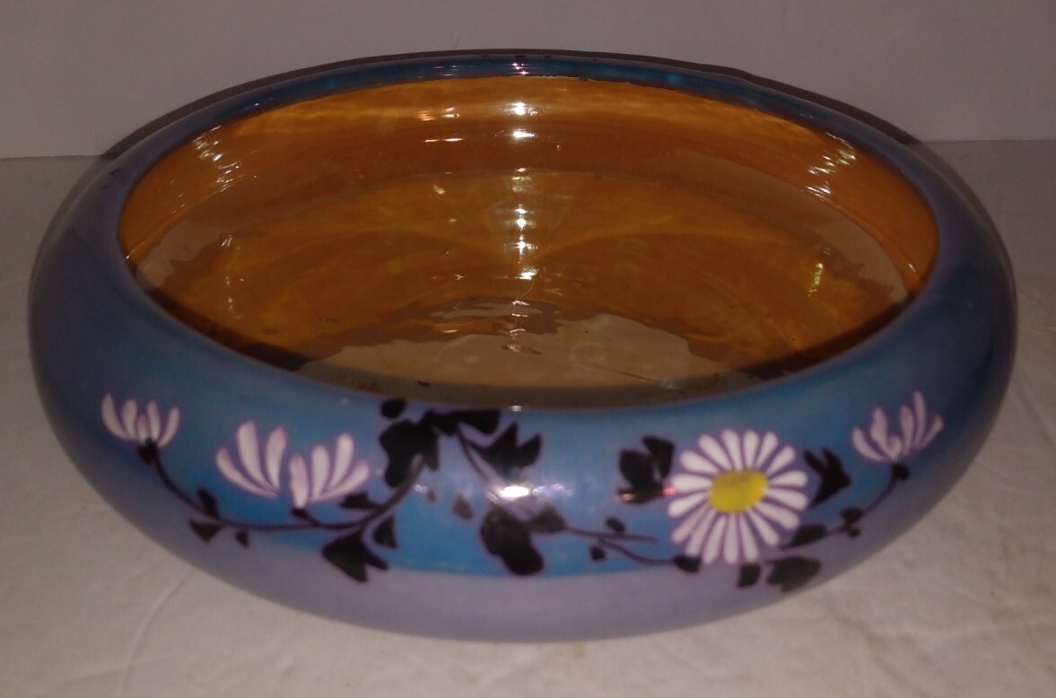 Japan Lusterware Blue & Orange Bowl Floral Daisies! 7.5