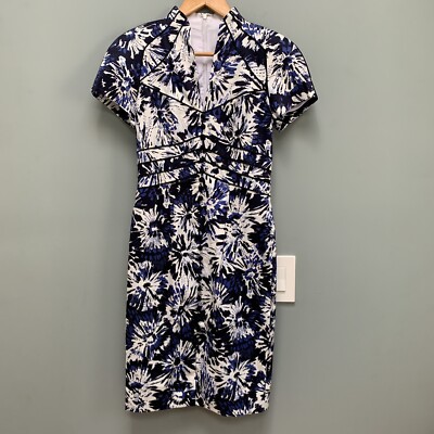 THEIA blue white print cap sleeve sheath pencil dress