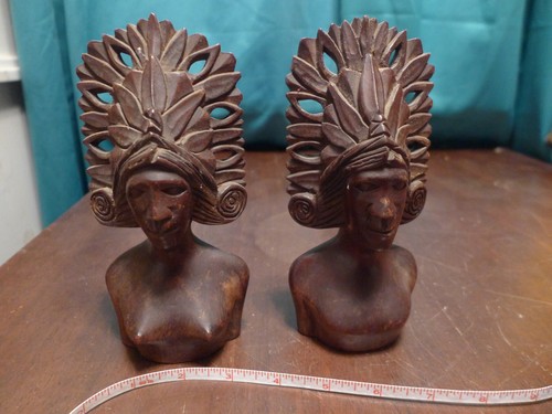 Vintage Carved Wood Sculptures Statues Bust Polynesian Man Woman | eBay