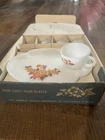 VTG FEDERAL MILK GLASS 8 PC SNACK SET-BLOSSOM- OLD/NEW IN BOX
