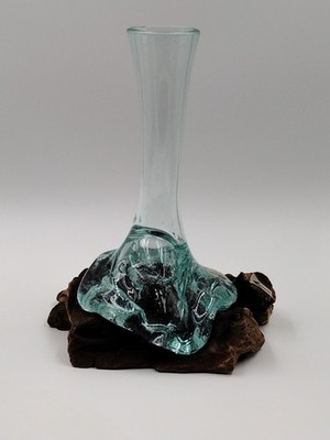 Hand Blown Art Glass Vase Aqua Blue on Natural Wood Base 