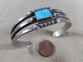 FRED HARVEY era Navajo INGOT silver bracelet with turquoise