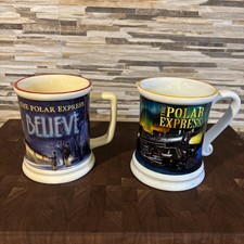 2 The Polar Express BELIEVE 3D Raised Ceramic Hot Cocoa Coffee Tea Mugs Cups