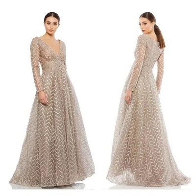 Mac Duggal Taupe Embellished Embroidered Long Sleeve Gown 18 $798