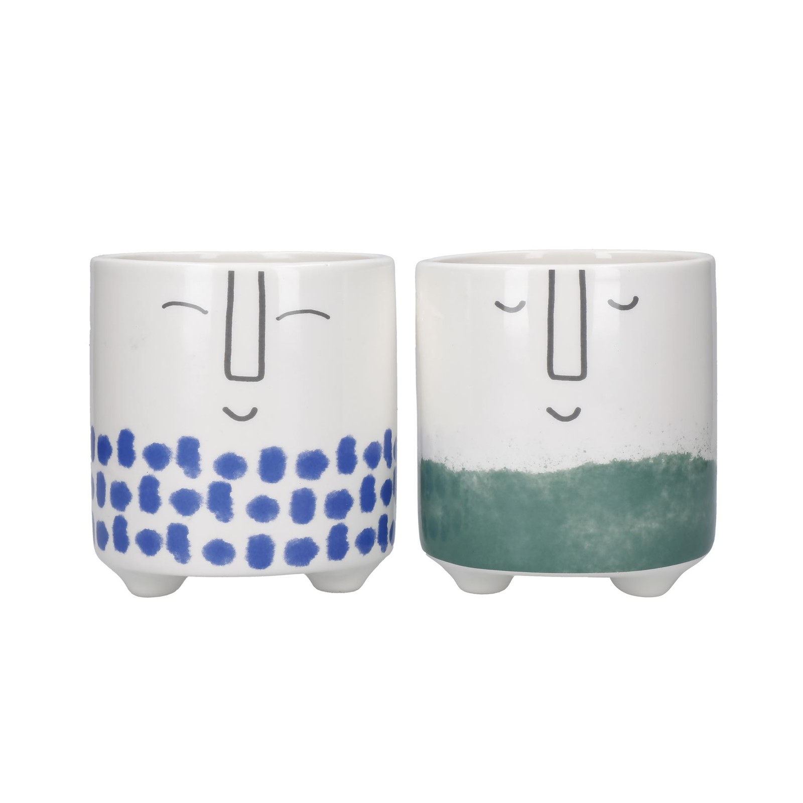 KitchenCraft Set of 2 Face Planters Plants Pots Dolomite White / Blue