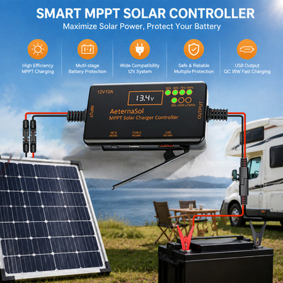 10A MPPT Solar Charge Controller 12V Mini Regulator for LiFePO4 with Type-C&USB
