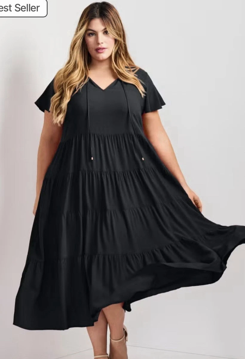 avenue plus size dresses Women's Dress EVE Pleat Black at Amazon Women's Clothing store neckline adorned with exquisite boho lace detailing Avenue Women's Plus Size Cool