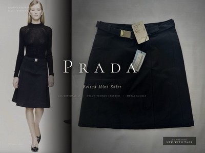 Prada Vintage Black Nylon Mini Skirt Belted A-Line Archive 90s Style IT 38 XS
