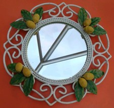 Vintage Retro 50er Jahre Stil Runde Wand Flach Metall Spiegel Toleware Zitronen Blätter