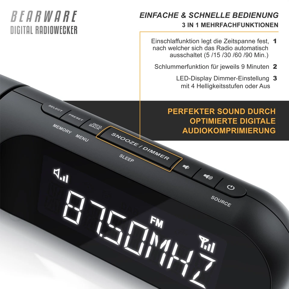 Bearware Radiowecker, DAB+, LCD Display, Uhrzeit Projektion, schwarz - Bild 3 von 4